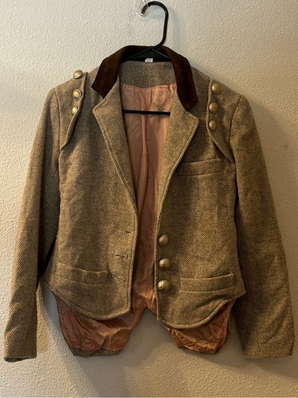 Brown Tweed 100% Wool Blazer with Gold Buttons